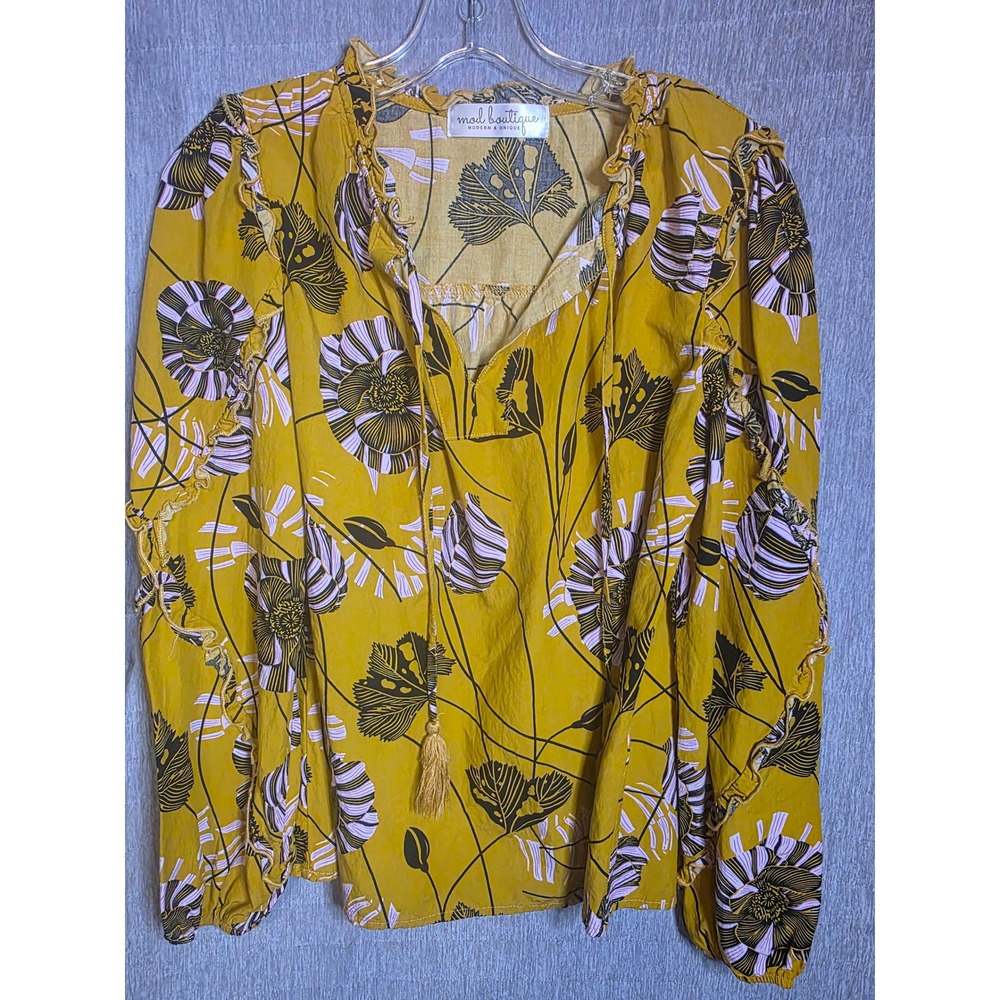 809 Mod Boutique Mustard Yellow Floral Ruffle Tassel Blouse Long Sleeve Boho Top